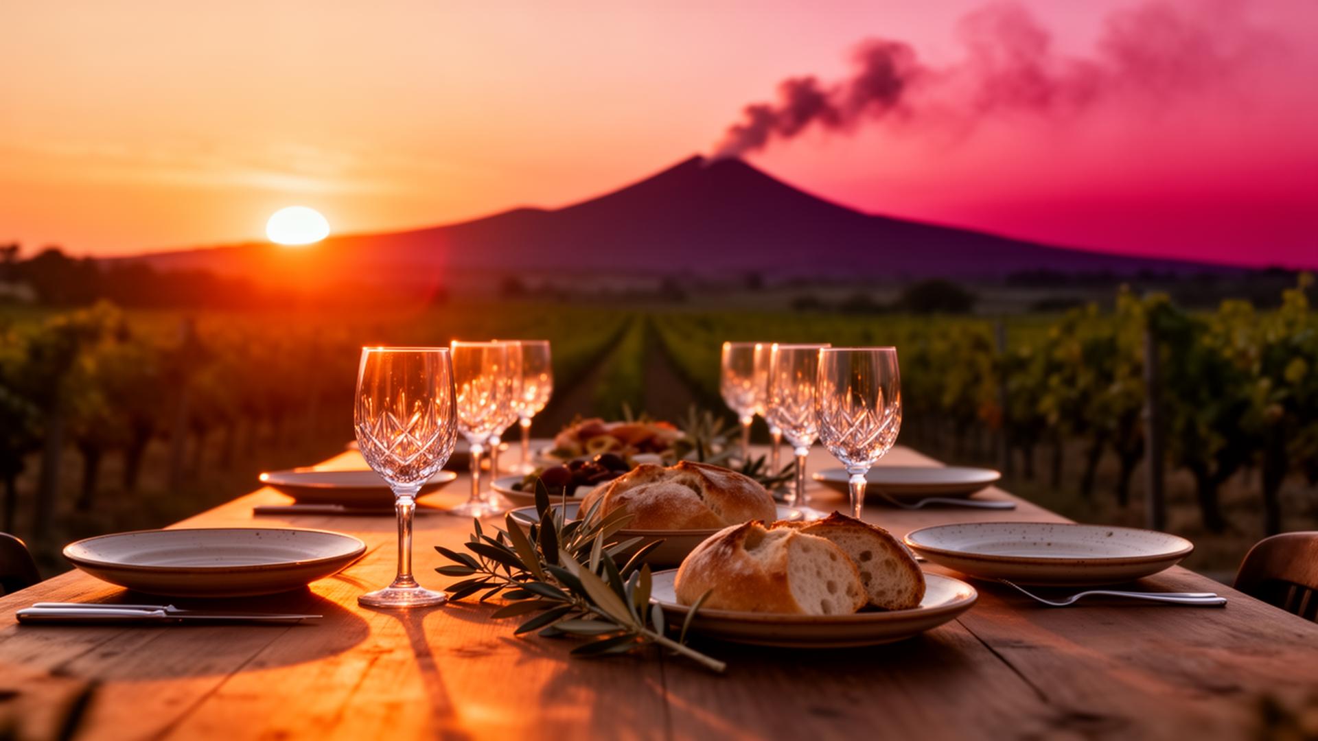 Tavolo apparecchiato al tramonto con l'Etna sullo sfondo
